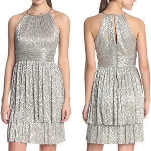 New Maggy London Halter-Neck Metallic Pleat Dress
